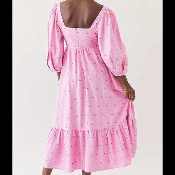 Farm Rio Pink Maxi Dress with Embroidered Pineapples. Puff Sleeves +Ruffle skirt - Picture 5 of 12